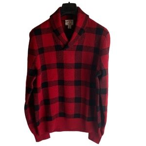 Brooks Brothers Red and Black Buffalo Plaid Shawl Collar Sweater